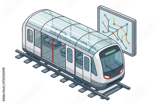 Isometric view of modern metro train with digital network map display