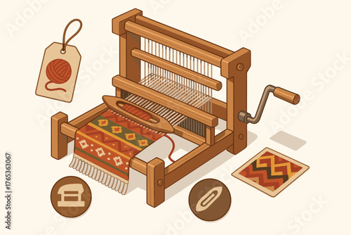 Vintage wooden weaving loom with textile patterns and yarn shuttle