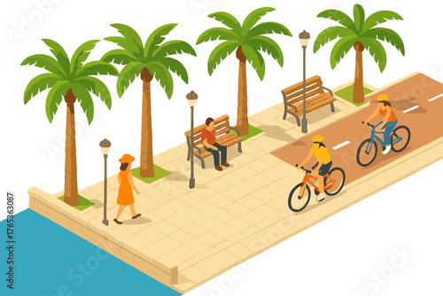 Sunny waterfront walkway: bicycles, palm trees, and relaxation