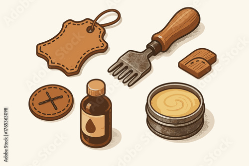Leather crafting tools and materials illustration with stitching and finishing items