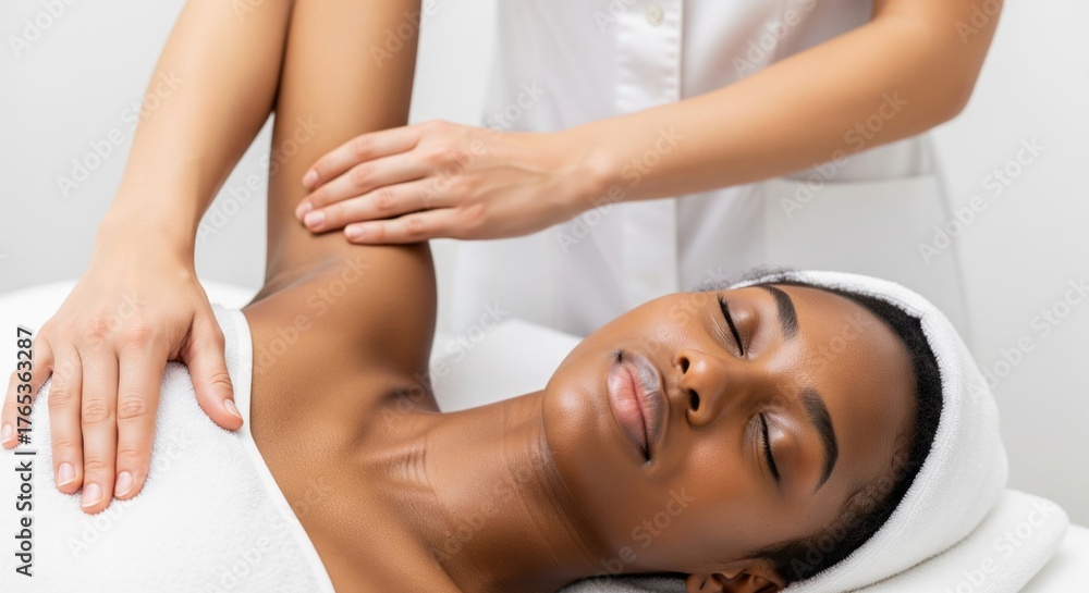 Obraz premium Therapist Performing Shoulder Stretch on Woman in Spa — Massage Therapy