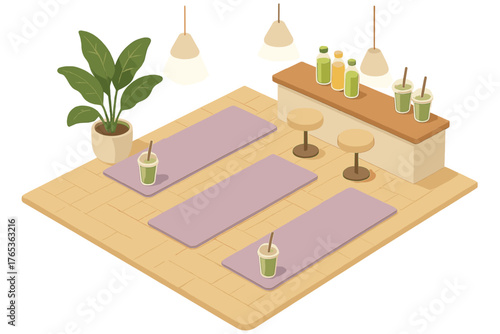 Cozy juice bar with yoga mats and smoothies in a relaxing atmosphere