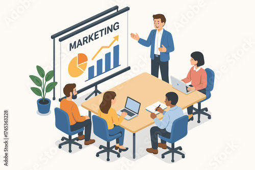 Diverse team engaged in business marketing presentation with laptops