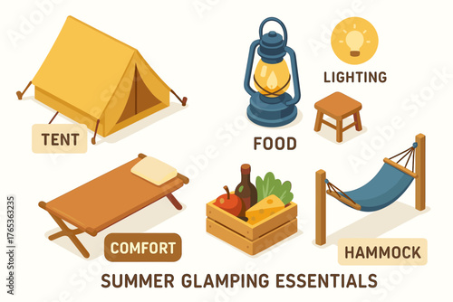 Summer glamping essentials: tent, lighting, comfort, food, hammock