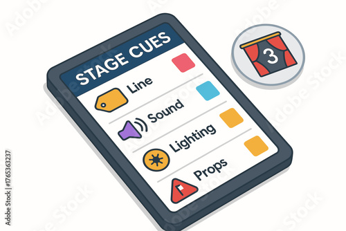 Theater stage cues display with line sound lighting and props checklist