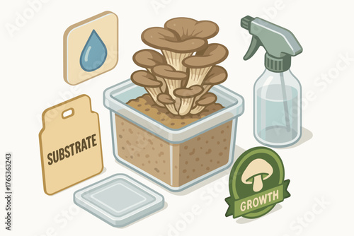 Mushroom cultivation kit with spray bottle and growth icon