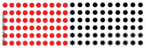 Vector collection of red and black starburst badge stickers, sunburst promotional labels, sale discount seals, best offer tags, guarantee badge shapes, commercial design elements for marketing