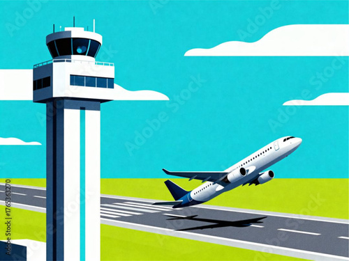 Air traffic control tower overseeing a commercial airplane taking off on a runway with green fields and blue sky in the background