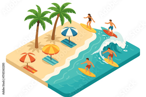 Tropical beach scene with surfers and palm trees in vibrant colorful illustration