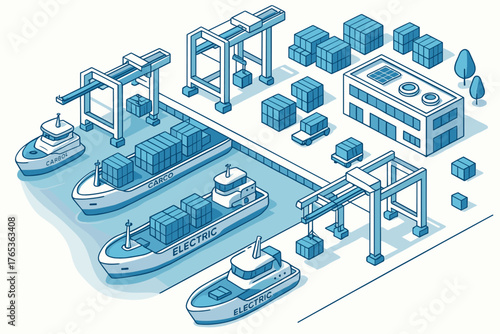 Futuristic electric cargo ships docking at a modern shipping port
