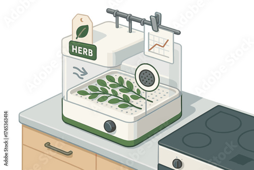 Modern herb dryer on kitchen counter with graph tag and leaves inside