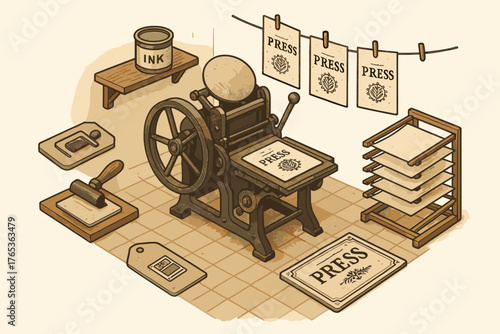 Antique printing press with ink setup and drying press sheets