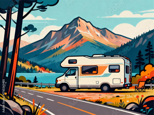 RV Road Trip Adventure Scenic Landscape with Mountain Views and Lakeside Camping