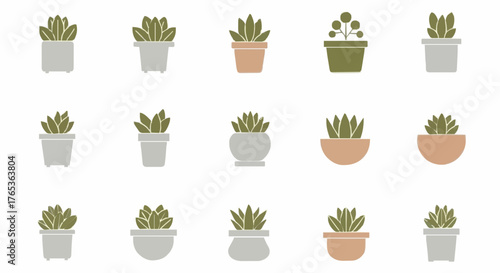 Flat design vector collection of potted plants and succulents, featuring diverse houseplants in modern pots for home decor and nature projects