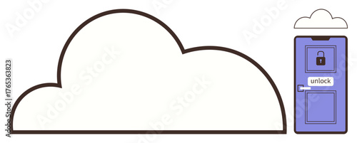 Minimalistic cloud shape and purple door with lock emphasize secure cloud storage and access solutions. Ideal for data security, cloud computing, privacy, encryption, access control, cybersecurity