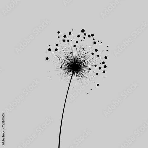 Minimal black silhouette of allium flower with round head and long stem on grey background