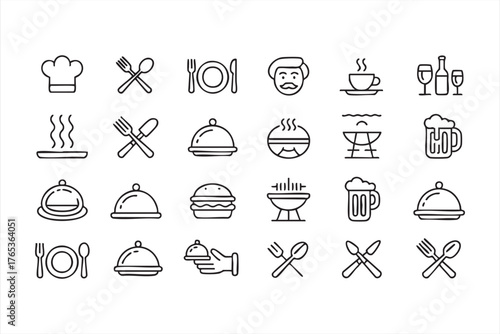 Vector Food and Drink Icon Pack Featuring Chef, Meal, and Beverage Signs