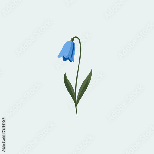 Elegant vector illustration of bluebell flower with green leaves and delicate blue petals on pale background