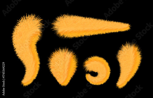 Fluffy cat fur, furry animal fur texture, shaggy orange pompoms and balls. Set of isolated 3d fur brush element vector illustration.