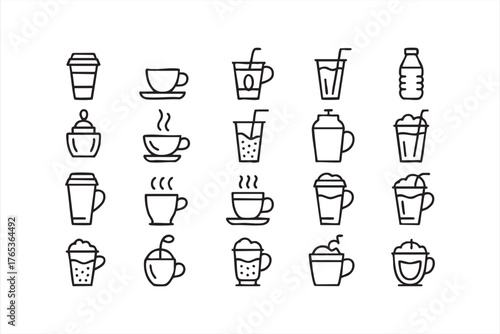 Modern Beverage Icon Pack Representing Tea, Coffee, and Cold Drinks