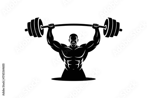 A silhouette of a muscular bodybuilder lifting a barbell overhead in a gym.