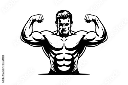 A muscular man flexing his biceps and showing off his defined abdominal muscles in a powerful pose.