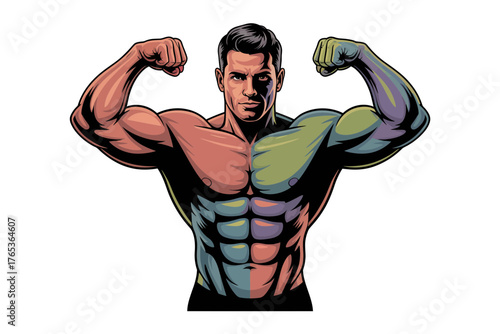 A muscular man poses with a split color design on his body, flexing his biceps.