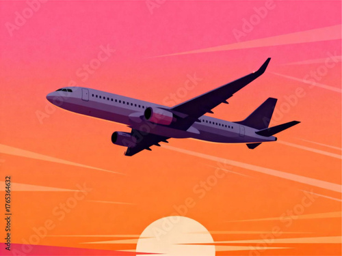Sunset Flight A Modern Airplane Silhouette Against a Vibrant Sky