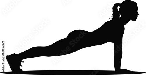 A silhouette of a woman performing a plank exercise on a white background.
