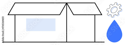 Cardboard box with an open lid next to a gear and water drop, representing shipment, innovation, and eco-awareness. Ideal for logistics, organization, fluid handling, system repair, collaboration