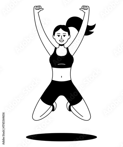 A woman celebrates with a joyful jump in sportswear.