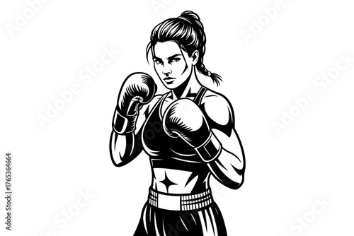 A determined female boxer stands ready in the ring, wearing boxing gloves and sportswear.