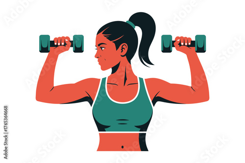A woman performs bicep curls with dumbbells during a fitness workout.