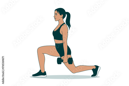 A woman performs a dumbbell lunge exercise as part of her fitness routine.