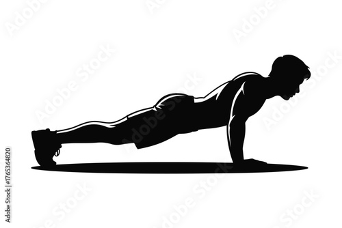 A silhouetted man performs a push-up exercise on a white background.