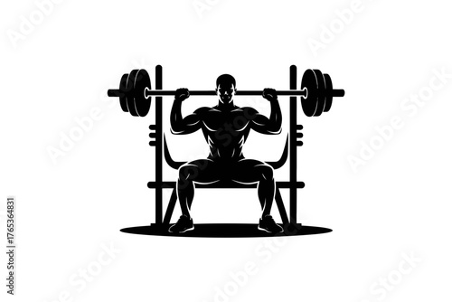 A silhouetted figure performs a bench press with a loaded barbell on a weight bench.