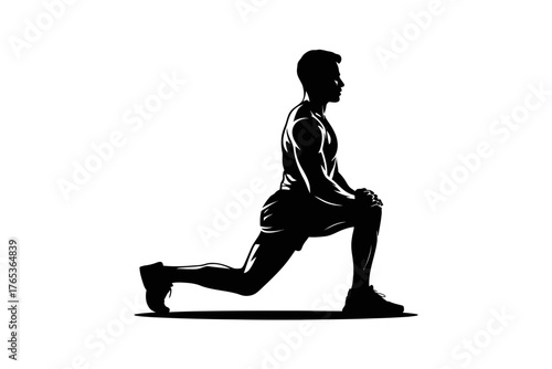 A silhouetted man performs a lunging stretch exercise against a white background.