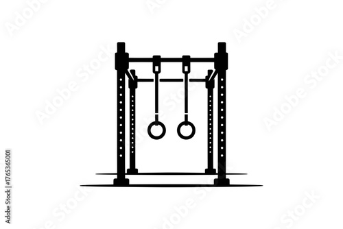 Gymnastic rings hang from a robust power rack in a gym setting.
