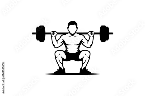 A silhouetted figure performs a barbell squat exercise against a white background.