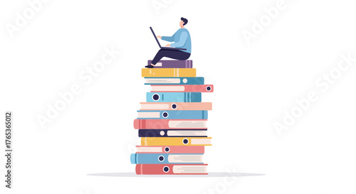 Man working on laptop sitting on top of a stack of files.