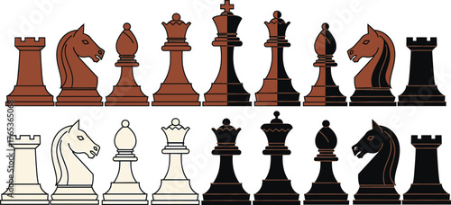 Chess pieces set in brown and black with white and black sets game strategy