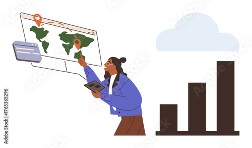 Person using tablet and engaging with global map featuring location pins and data points. Accompanied by black bar chart and cloud symbol. Ideal for data analysis, geography, technology, planning