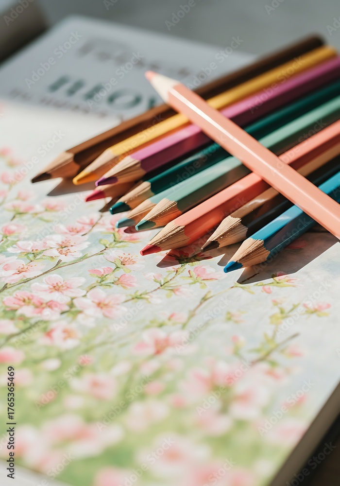 Naklejka premium 色鉛筆と花柄のスケッチブック