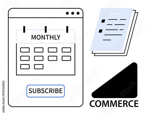 Calendar labeled monthly with subscribe button, document stack, and e-commerce graphic. Ideal for subscription plans, business, finance, marketing, digital services education organization. Simple