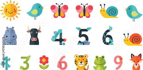 Collection of cute cartoon animals, numbers, and objects for children kids