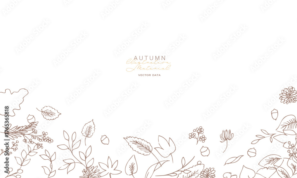 Obraz premium 草木の線画イラスト。秋の草木のベクターフレーム。冬の植物シンプル背景。 Line art illustration of plants. Vector frame of autumn plants. Simple background of winter plants.