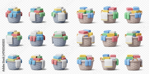 Collection of laundry baskets filled with neatly folded colorful clothes and towels.