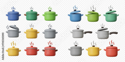 Collection of colorful 3D rendered cooking pots and pans with steam.