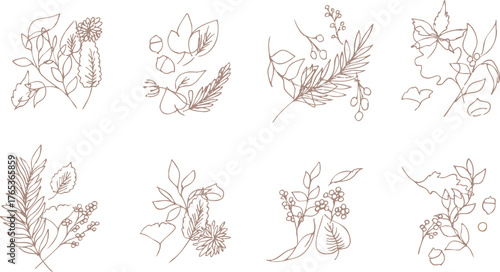 草木の線画イラスト。秋の草木のベクターフレーム。冬の植物シンプル背景。
Line art illustration of plants. Vector frame of autumn plants. Simple background of winter plants.