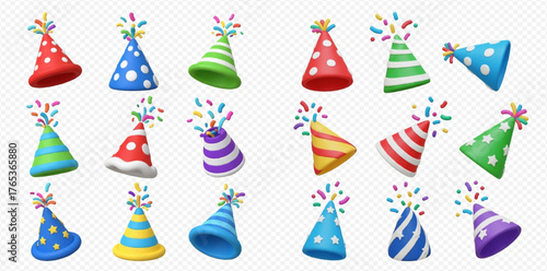 A collection of colorful party hats with confetti.